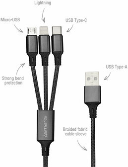 4Smarts Kabelvork 3-in-1 Kabel 1 Meter Zwart Oplaadkabel