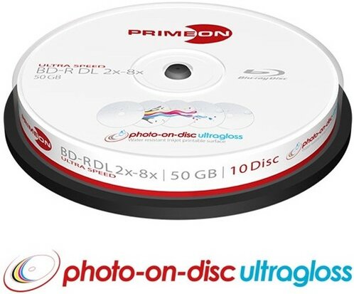 Primeon BD-R DL Printable Glossy 50 GB 8x Speed Cakebox 10 Stuks