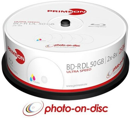 Primeon BD-R DL 50 GB Printable 8x Speed Cakebox 25 Stuks