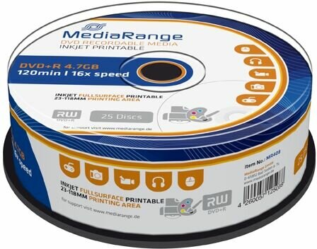 MediaRange DVD+R 4.7 GB Inkjet Printable 25 stuks