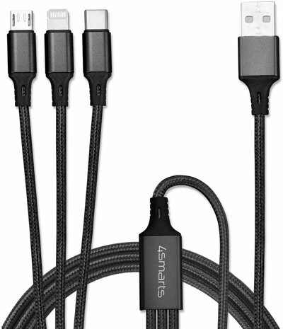 4Smarts Kabelvork 3-in-1 Kabel 1 Meter Zwart Oplaadkabel